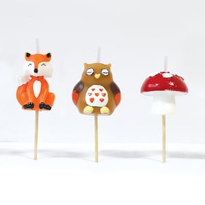 Woodland Cake Candles | Deer Mushroom Squirrel Fox Owl Cake Topper