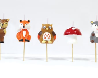 Woodland Cake Candles | Deer Mushroom Squirrel Fox Owl Cake Topper