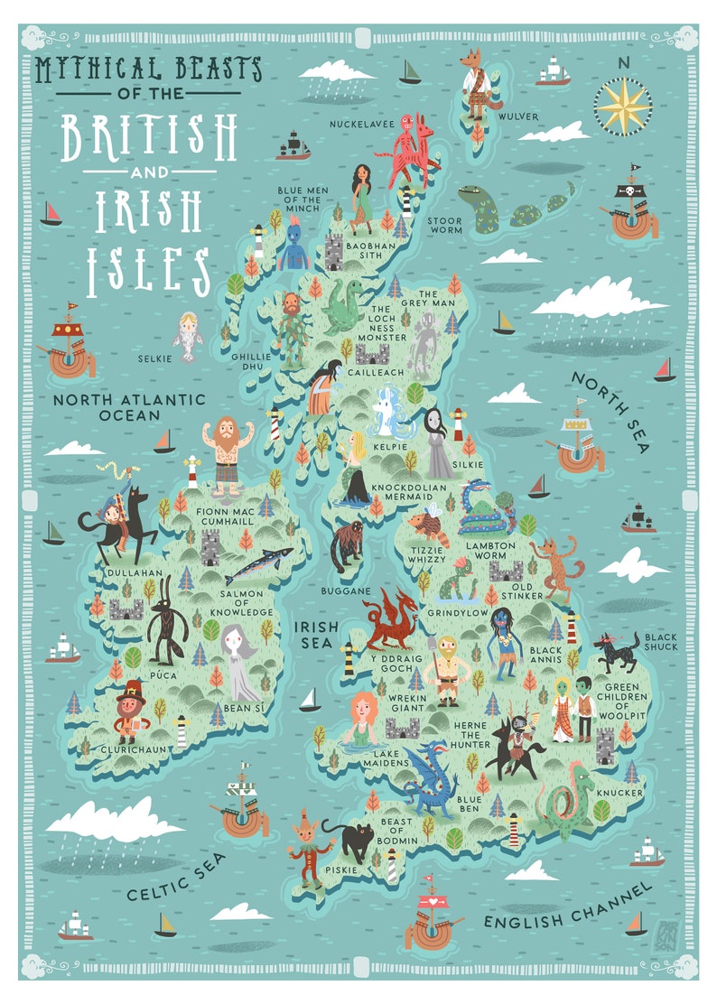 Illustrated Map, Mythical Beasts of the British and Irish Isles, A3 Art Print image 3