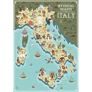Mythical Beasts of Italy - A3-kunstdruk - geïllustreerde kaart - Bestie Mitiche d'Italia