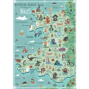 Carte illustrée, Bêtes mythiques du Pays de Galles, Impression d'art A3