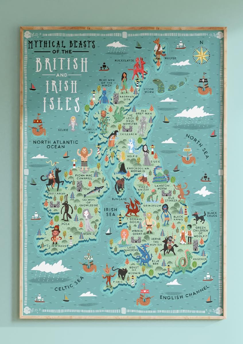 イラスト入り地図、イギリスとアイルランド諸島の神話上の獣、A3