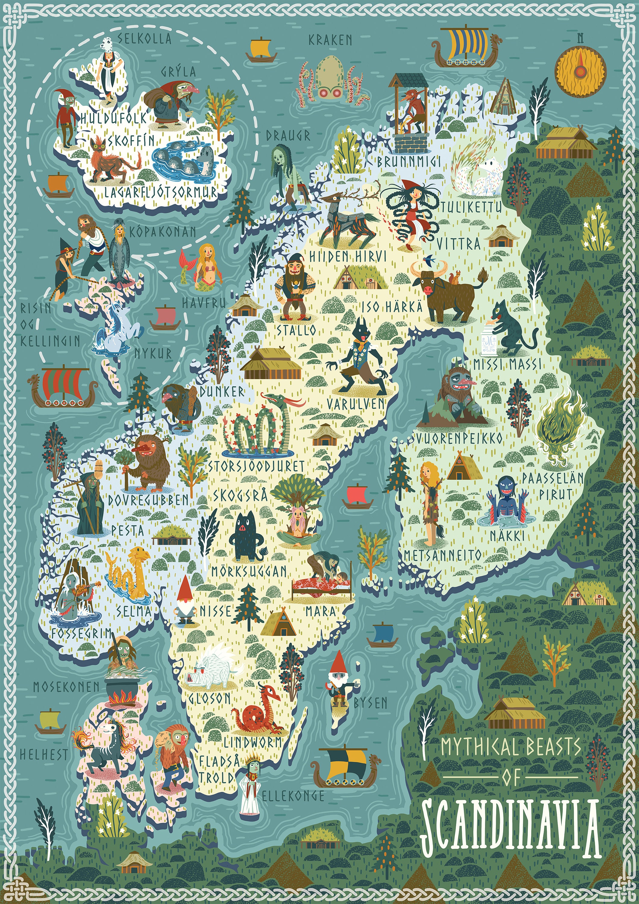 Illustrated Map Mythical Beasts of Scandinavia A3 Art Print - Etsy Canada