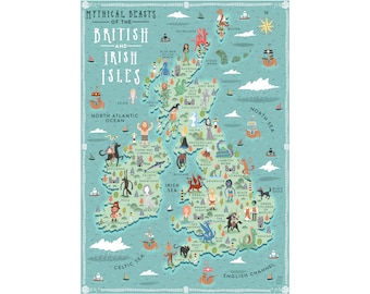 Illustrated Map, Mythical Beasts of the British and Irish Isles, A3 Art Print