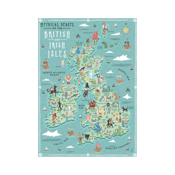 Mapa ilustrado, bestias míticas de las islas británicas e irlandesas, impresión de arte A3