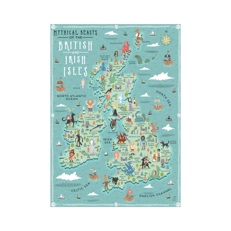 Illustrated Map, Mythical Beasts of the British and Irish Isles, A3 Art Print image 1