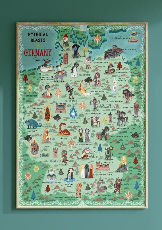ドイツの神話上の獣：イラスト付き地図 - A3 アートプリント