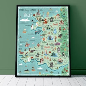 Bêtes mythiques du pays de Galles - carte illustrée - impression giclée d'art A2