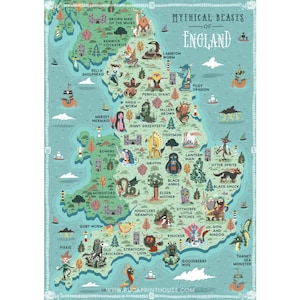 Illustrated Map, Mythical Beasts of England, A3 Art Print Active