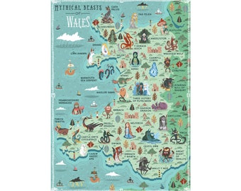 Illustrated Map, Mythical Beasts of Wales, A3 Art print