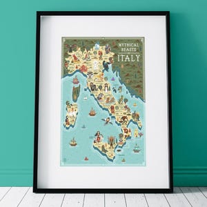 Bestias míticas de Italia - Mapa ilustrado - Impresión giclée de bellas artes A2 - Bestie Mitiche d'Italia - Mappa illustrata