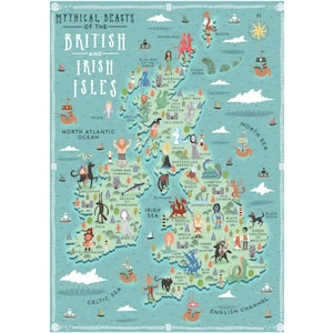 Illustrierte Landkarte, Fabelwesen der Britischen und Irischen Inseln, Kunstdruck A3