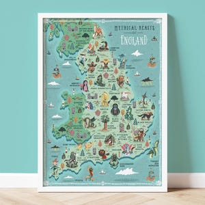 Mythische Tiertiere Englands - Illustrierte Landkarte - Giclée Druck - A2