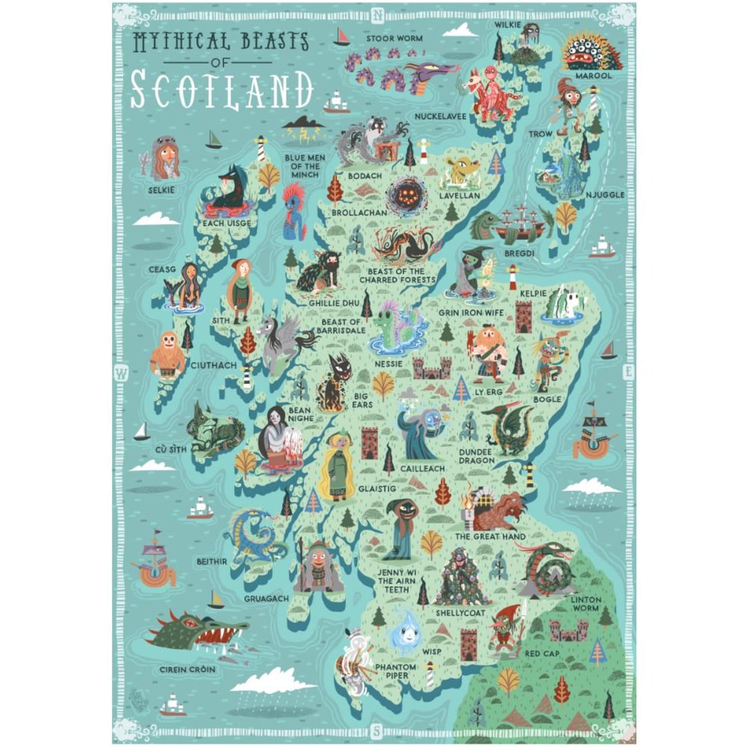 イラスト入り地図、スコットランドの神話上の獣、A3 アートプリント