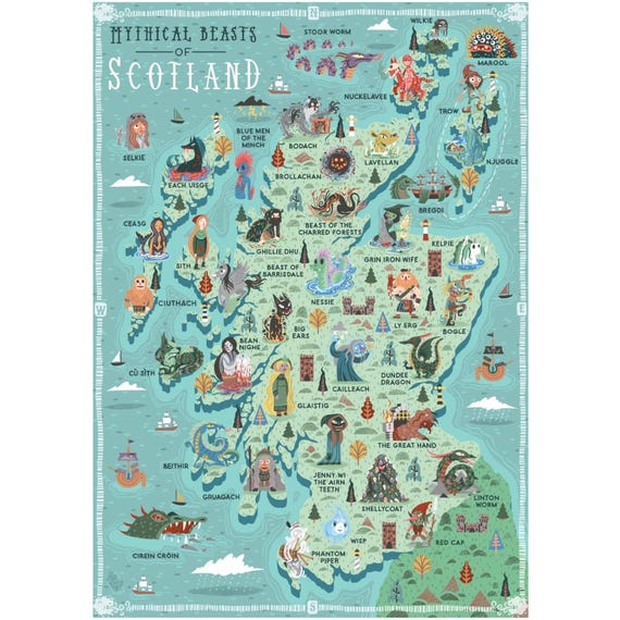 イラスト入り地図、スコットランドの神話上の獣、A3 アートプリント