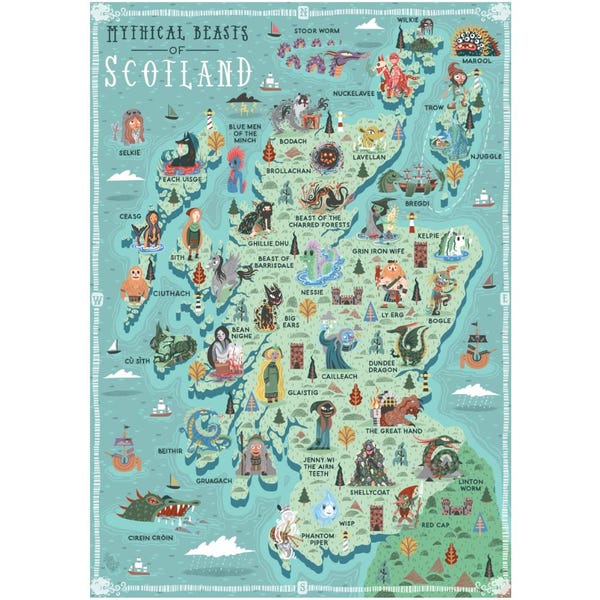 Mapa ilustrado de las bestias míticas de Escocia, lámina A3 - Póster
