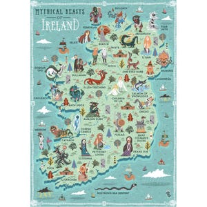 Mapa ilustrado, Bestas míticas da Irlanda, impressão artística A3