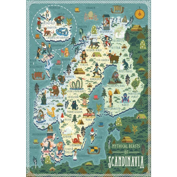 Illustrated Map, Mythical Beasts of Scandinavia, A3 Art print - Poster