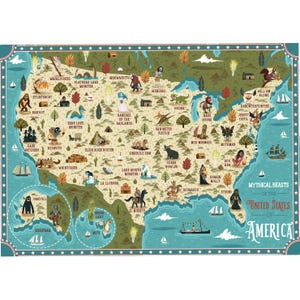 Mappa illustrata, animali mitici degli Stati Uniti d'America, stampa artistica A3