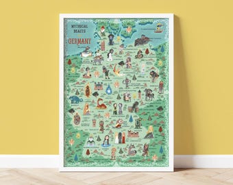 ドイツの神話上の獣：イラスト付き地図 - A3 アートプリント