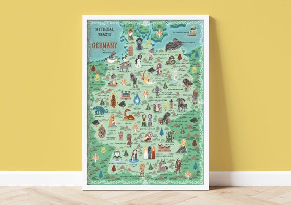 ドイツの神話上の獣：イラスト付き地図 - A3 アートプリント