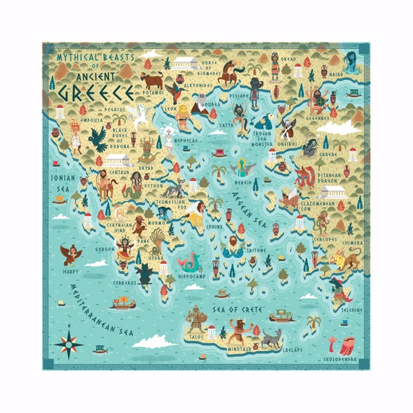 Illustrated Map, Mythical Beasts of Ancient Greece, Art Print