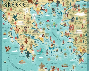 Illustrated Map, Mythical Beasts of Ancient Greece, Art Print