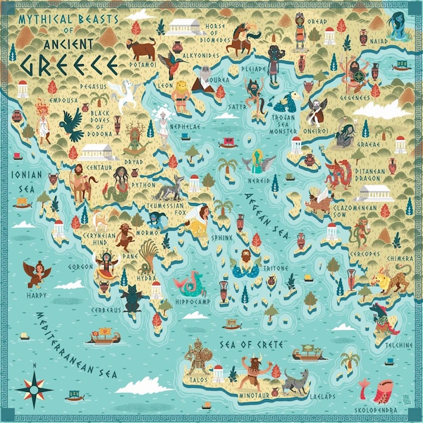 Mapa ilustrado, Bestias míticas de la antigua Grecia, Impresión artística - Póster