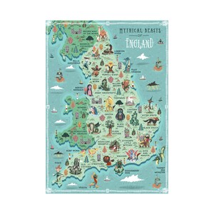 Carte illustrée, bêtes mythiques d'Angleterre, impression d'art A3 active