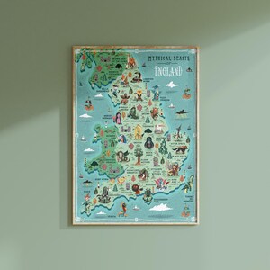 Mythische Tiertiere Englands - Illustrierte Landkarte - Giclée Druck - A2