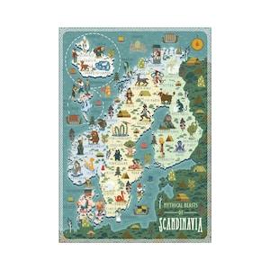 Illustrated Map, Mythical Beasts of Scandinavia, A3 Art Print