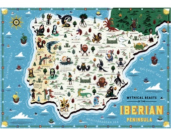 Fabeltiere der Iberischen Halbinsel - Illustrierte Landkarte - A3 Kunstdruck