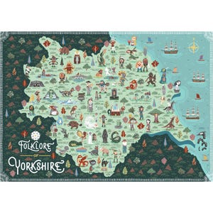 Folklore van Yorkshire en geïllustreerde kaart - A3-digitale kunstafdruk