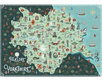 Folklore of Yorkshire an illustrated map - A3 Art print - Poster