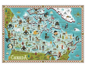Mythical Beasts of Canada - Illustrated map - Digital Print - A3