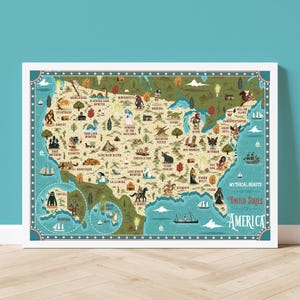 Bêtes mythiques des États-Unis d'Amérique - Carte illustrée - Impression giclée d'art A2