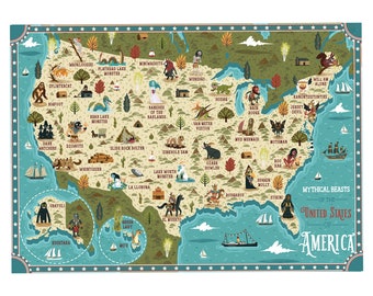 Illustrated Map, Mythical Beasts of the United States of America, A3 Art Print