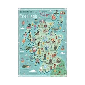 Illustrated Map, Mythical Beasts of Scotland, A3 Art Print