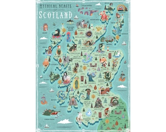 Illustrated Map, Mythical Beasts of Scotland, A3 Art Print