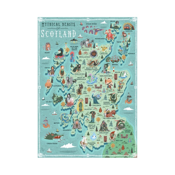 Illustrated Map, Mythical Beasts of Scotland, A3 Art Print