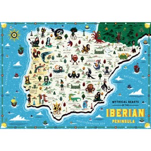 Mythical Beasts of the Iberian Peninsula - Illustrated map - A3 Art Print