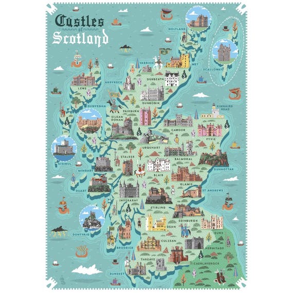 【希少】アンティークマップ　イギリス　スコットランド　絵地図 map スコットランドの城 - イラスト付き地図 - アートプリント A3