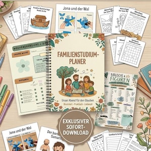 Peut inclure: Un planificateur d'étude familiale à reliure spirale avec une illustration centrale d'une famille lisant ensemble, entouré de diverses feuilles d'activités imprimables, modèles de bricolage et cartes de jeu sur des thèmes bibliques.