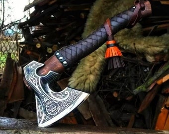 Best Viking Gift, Hand Forged Axe, Custom Hand Made Viking Axe, Rose Wood Shaft With Leather Wrap, Groomsmen And Anniversary Gift For Him.