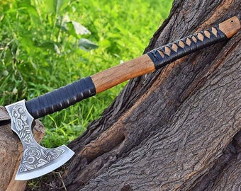 Custom Gift Forged Carbon Steel Viking Axe Hatchet Rose Wood Shaft, Bearded Camping Axe, Best Birthday & Anniversary Gift For Him, Axes.