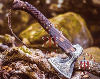 Smith Custom Hand Forged Carbon Steel Viking Axe avec arbre en bois de rose, Viking barbu, Camping Axe Meilleur anniversaire et cadeau d’anniversaire,