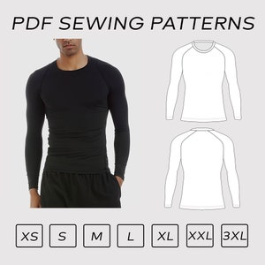 May include: PDF sewing pattern for a long-sleeved shirt with a crew neck. The pattern includes sizes XS, S, M, L, XL, XXL, and 3XL.