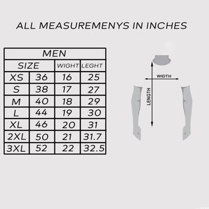 May include: A size chart for men's clothing with measurements in inches. The chart shows the size, width, and length of shirts in sizes XS to 3XL.