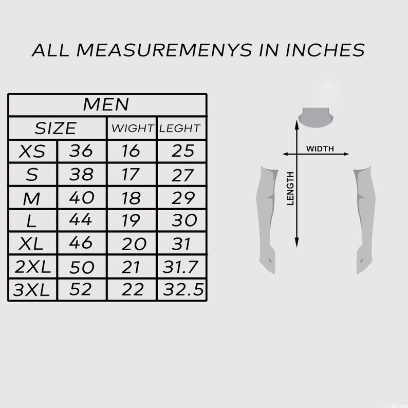 May include: A size chart for men's clothing with measurements in inches. The chart shows the size, width, and length of shirts in sizes XS to 3XL.