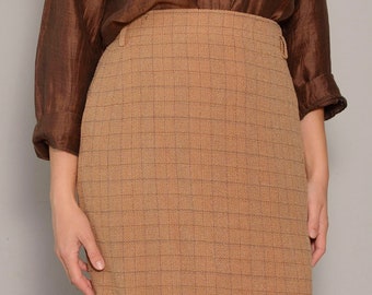 Size 10 to 12 | Orange Brown 80s New Wool Tweed Minimalist Skirt | Plaid Pattern High Waisted Pencil Skirt | Back Slit Formal Warm Fall